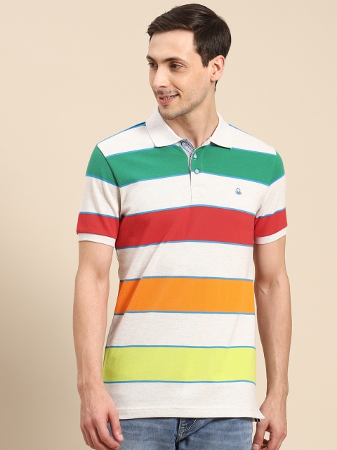 

United Colors of Benetton Men Off-White & Red Striped Polo Collar T-shirt