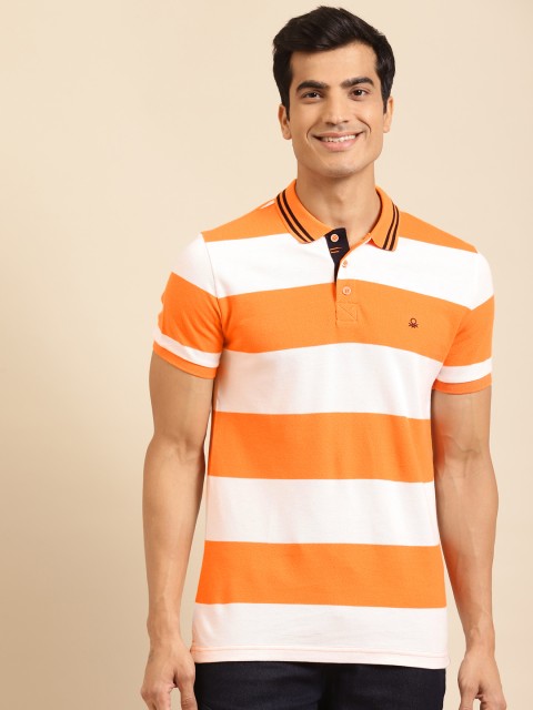

United Colors of Benetton Men White Coral Orange Striped Pure Cotton Polo Collar Pure Cotton T-shirt
