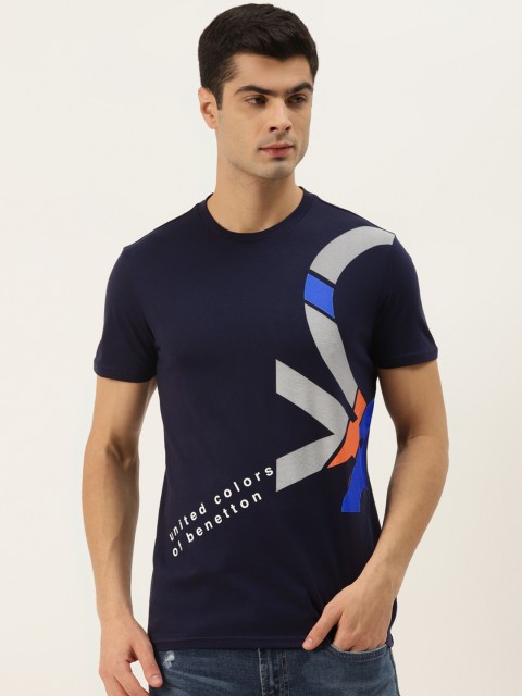 

United Colors of Benetton Men Navy Blue Printed Pure Cotton T-shirt