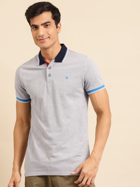 United Colors of Benetton Men Sustainable Grey VIROBAN Solid Polo Collar Pure Cotton T-shirt