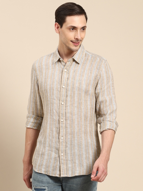 

United Colors of Benetton Men Beige & Black Pure Linen Slim Fit Striped Casual Shirt