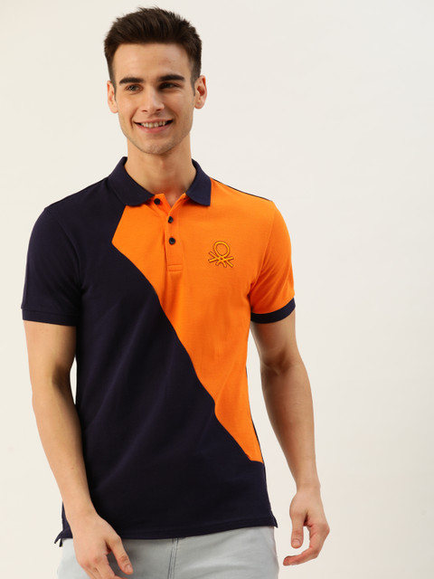 

United Colors of Benetton Men Orange & Navy Blue Pure Cotton Colourblocked Polo T-shirt