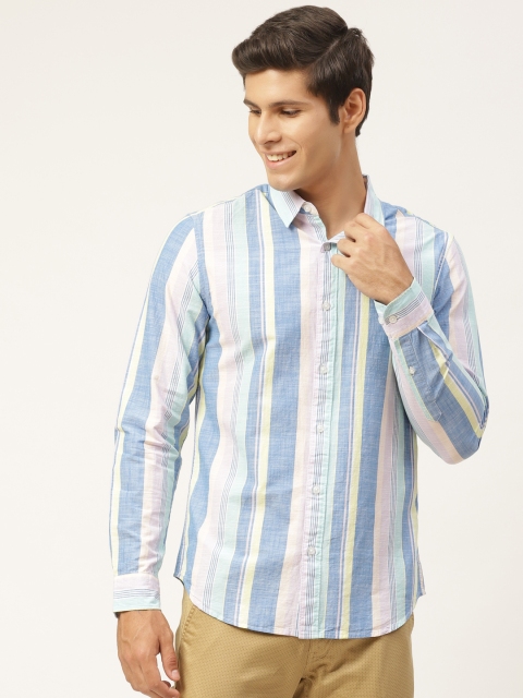 

United Colors of Benetton Men Blue & Pink Slim Fit Cotton Chambray Weave Striped Shirt