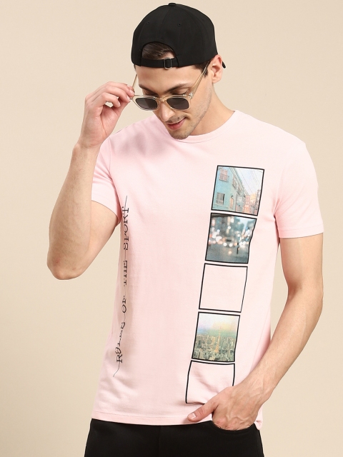 

United Colors of Benetton Men Pink Printed Round Neck Pure Cotton T-shirt