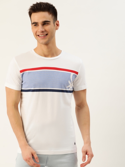 

United Colors of Benetton Men White & Blue Printed Pure Cotton Round Neck T-shirt