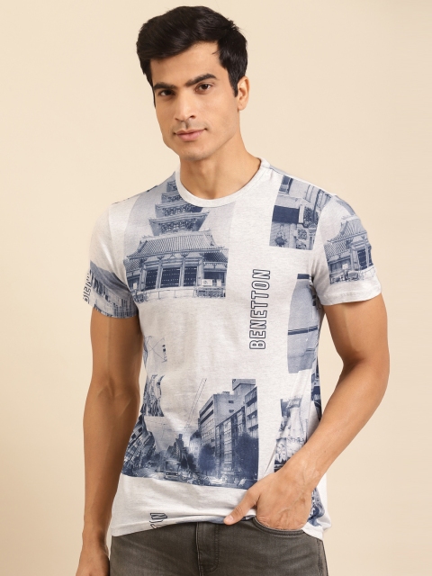 United Colors of Benetton Men Grey Melange Navy Blue Printed Pure Cotton T-shirt