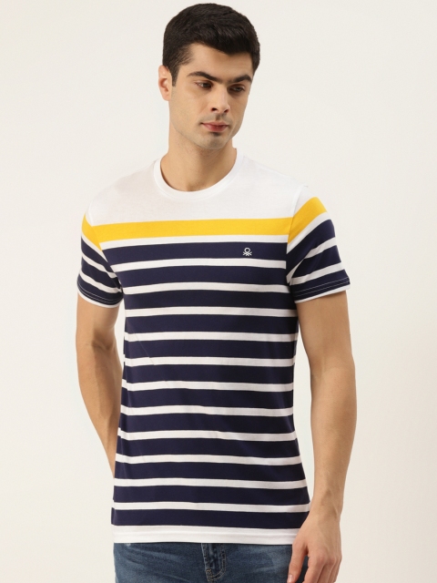 

United Colors of Benetton Men Navy Blue White Striped Pure Cotton T-shirt