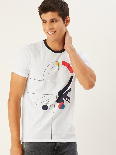 

United Colors of Benetton Men White Navy Blue Brand Logo Printed Pure Cotton T-shirt