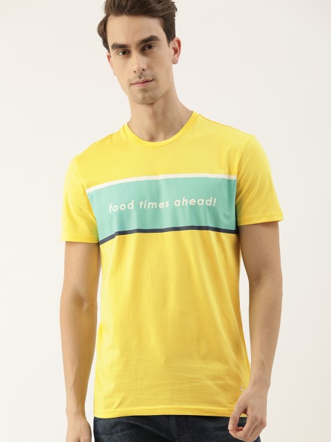 

United Colors of Benetton Men Yellow Printed Round Neck Pure Cotton T-shirt