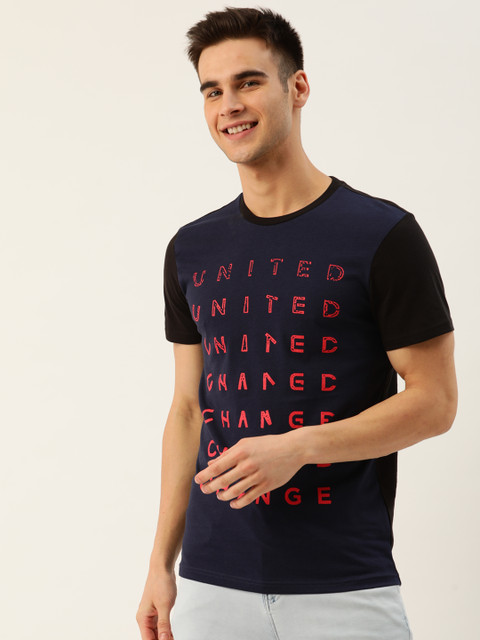 

United Colors of Benetton Men Navy Blue & Orange Brand Logo Printed Round Neck T-shirt