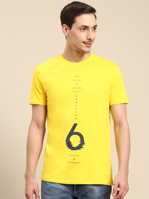 

United Colors of Benetton Men Yellow Pure Cotton Printed Round Neck T-shirt