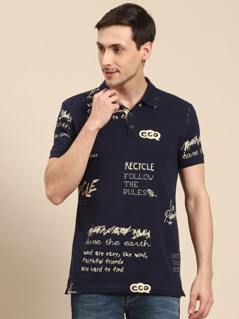 

United Colors of Benetton Men Navy Blue Printed Pure Cotton Polo Collar Pure Cotton T-shirt