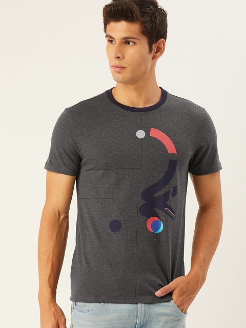 

United Colors of Benetton Men Charcoal Grey Printed Pure Cotton T-shirt