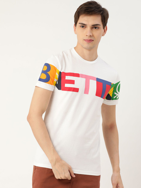 

United Colors of Benetton Men White Red Brand Logo Printed Pure Cotton T-shirt