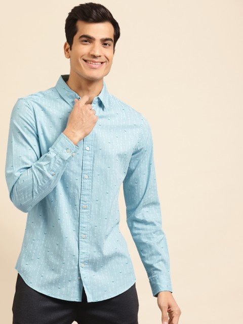 

United Colors of Benetton Men Blue Pure Cotton Slim Fit Herringbone Printed Casual Shirt