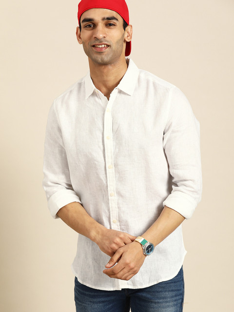 

United Colors of Benetton Men White Pure Linen Self Design Casual Shirt