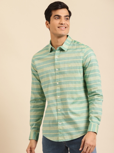 

United Colors of Benetton Men Green & Yellow Pure Cotton Slim Fit Striped Casual Shirt