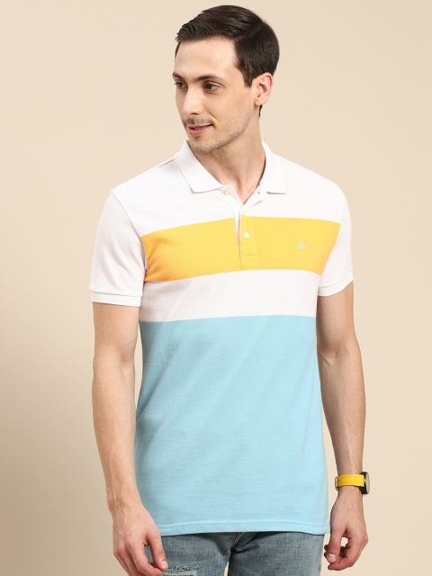 

United Colors of Benetton Men Blue White Colourblocked Pure Cotton Polo Collar Pure Cotton T-shirt