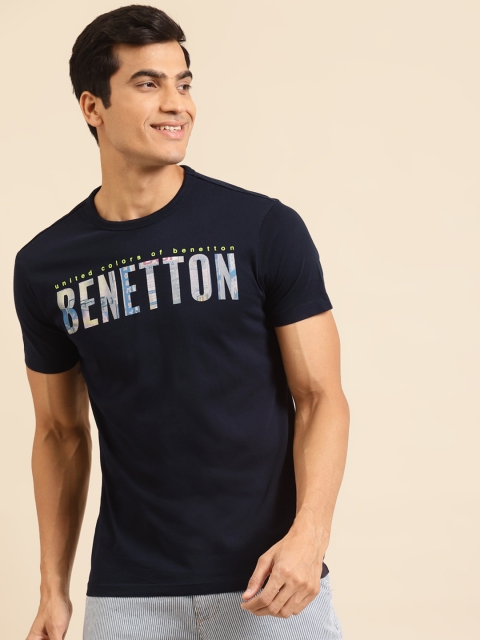 

United Colors of Benetton Men Navy Blue Printed Round Neck Pure Cotton T-shirt