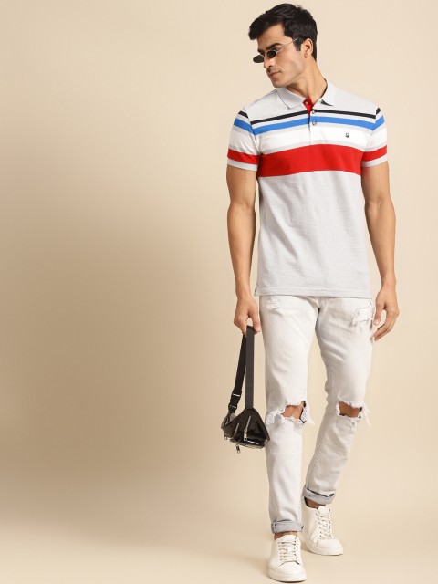 

United Colors of Benetton Men Grey & Red Melange Striped Cottton Viroban T-shirt
