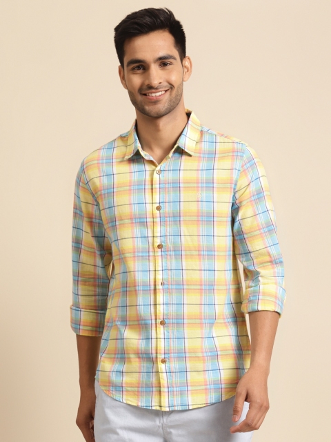 

United Colors of Benetton Men Yellow & Blue Pure Cotton Slim Fit Checked Casual Shirt