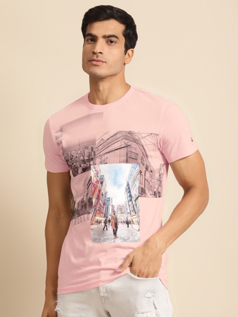 

United Colors of Benetton Men Pink & Black Printed Pure Cotton Round Neck T-shirt