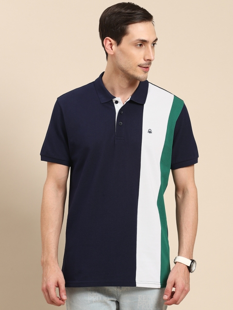 

United Colors of Benetton Men Navy Blue Pure Cotton Colourblocked Polo Collar T-shirt