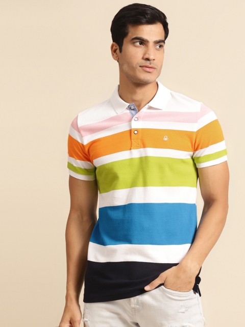 

United Colors of Benetton Men White & Blue Striped Pure Cotton Polo Collar T-shirt