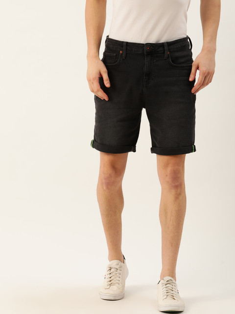 

United Colors of Benetton Men Black Solid Slim Fit Denim Shorts