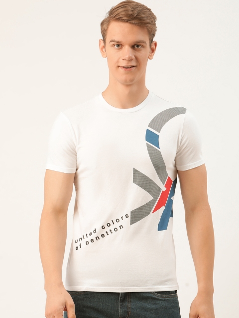 

United Colors of Benetton Men White & Black Brand Logo Printed Pure Cotton T-shirt
