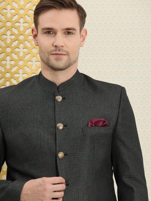 

House of Pataudi Men Charcoal Grey Solid Bandhgala Blazer