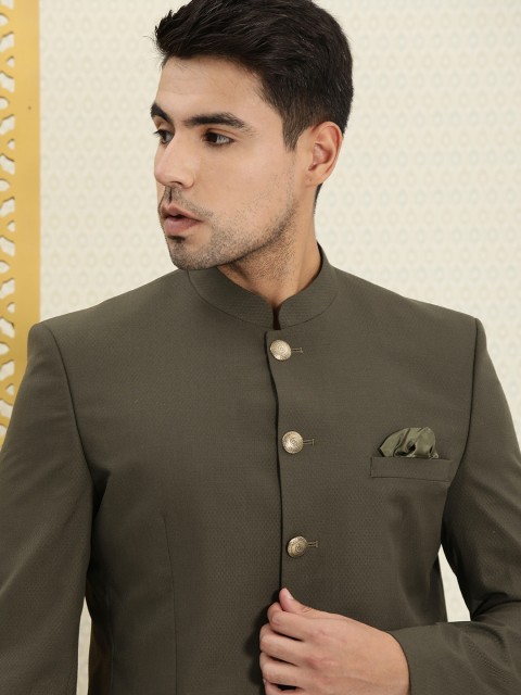 

House of Pataudi Men Olie Green Printed Bandhgala Blazer, Olive