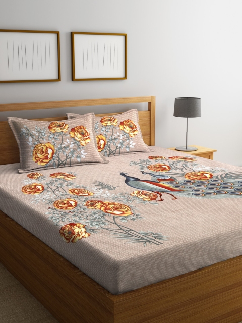 

HOSTA HOMES Beige & Grey Ethnic Motifs 260 TC Cotton 1 King Bedsheet with 2 Pillow Covers