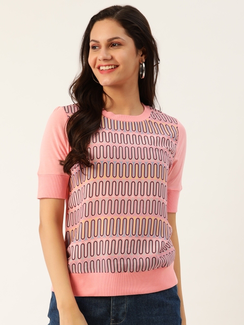 

United Colors of Benetton Women Pink & Black Printed Round Neck T-shirt