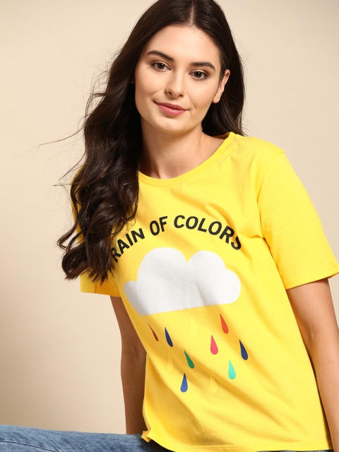

United Colors of Benetton Women Sustainable Yellow & White Printed Organic Cotton T-shirt