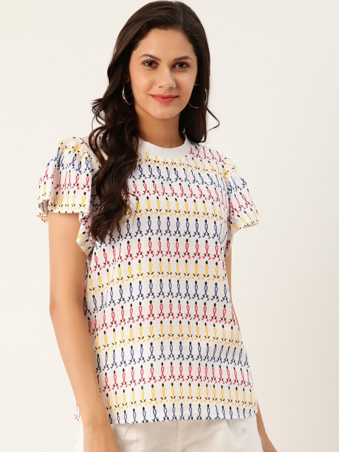 

United Colors of Benetton White & Yellow Geometric Regular Top
