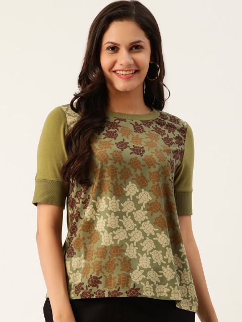 

United Colors of Benetton Women Olive Green Printed Round Neck T-shirt
