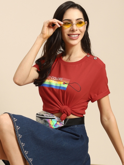 

United Colors of Benetton Women Red Pure Cotton Brand Logo Print Round Neck T-shirt