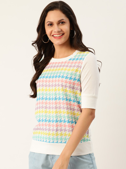 

United Colors of Benetton Women White & Blue Printed Round Neck T-shirt