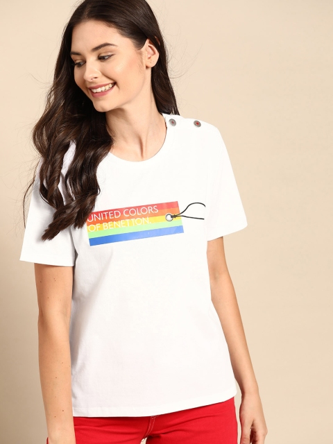 

United Colors of Benetton Women White Brand Logo Print Round Neck Pure Cotton T-shirt