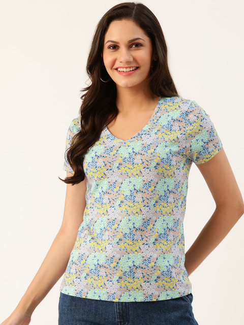 

United Colors of Benetton Women Blue & Yellow Printed Round Neck T-shirt