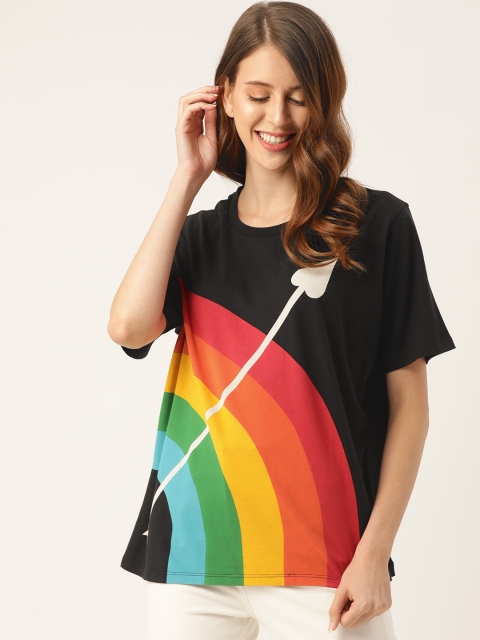 

United Colors of Benetton Women Black & Yellow Pure Cotton Printed T-shirt