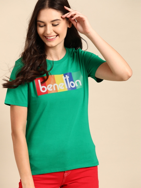 

United Colors of Benetton Women Green Brand Logo Print Cotton Round Neck T-shirt