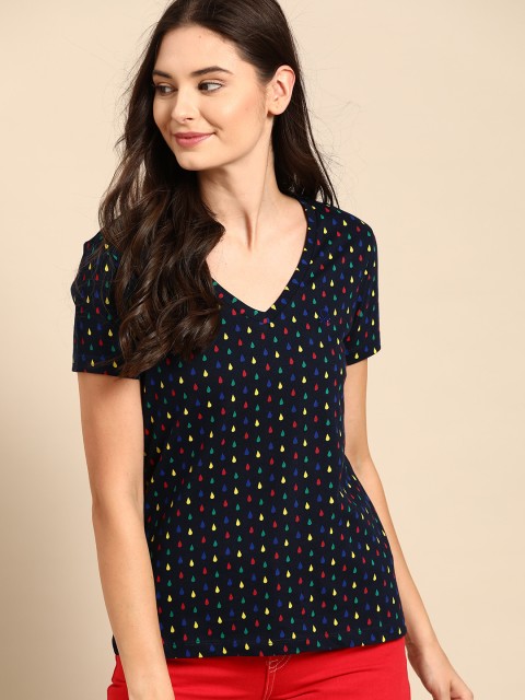 

United Colors of Benetton Women Navy Blue & Red Teardrop Print Cotton V-Neck T-shirt