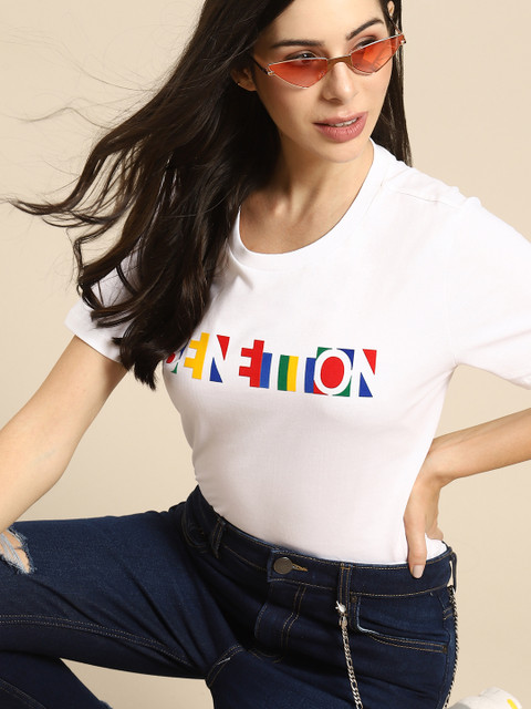 

United Colors of Benetton Women White Pure Cotton Brand Logo Print Round Neck T-shirt