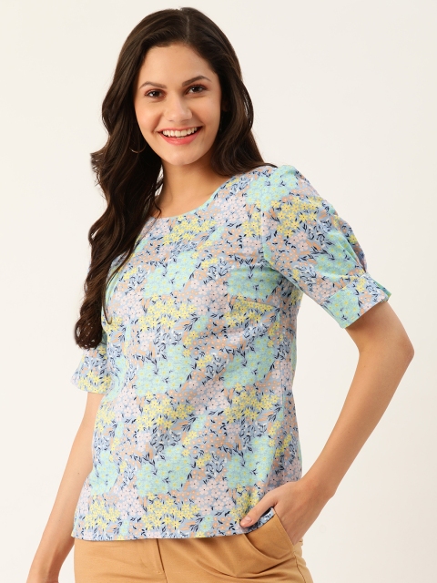 

United Colors of Benetton Blue & Yellow Floral Linen Blend Regular Top