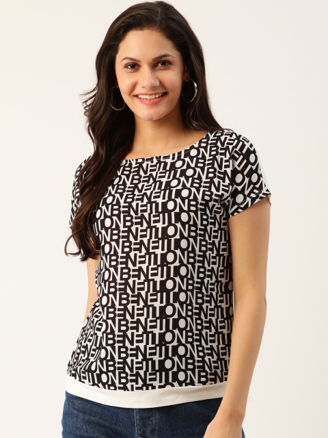 

United Colors of Benetton Women Black & White Printed Round Neck T-shirt