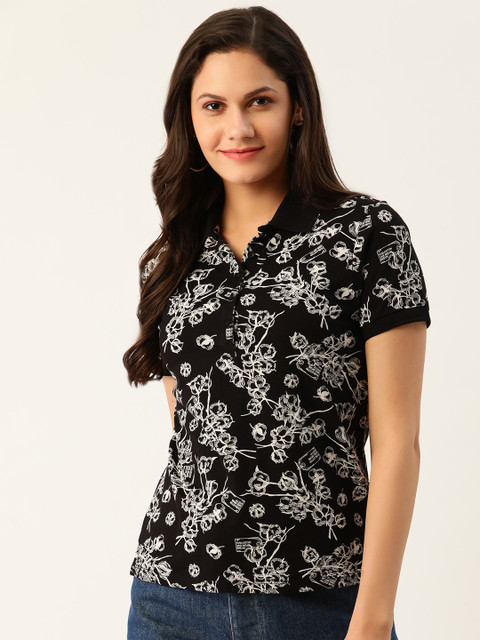 

United Colors of Benetton Women Black Printed Cotton Polo Collar T-shirt