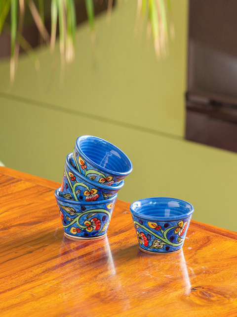 

ExclusiveLane Blue & Red Set of 4 Hand Painted Ceramic Chutney & Dip Bowls