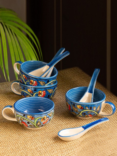

ExclusiveLane Set Of 4 Blue Hand-Painted Ceramic Soup Bowls With Spoons